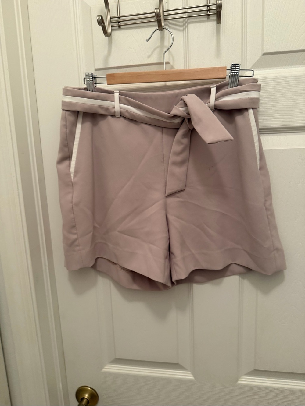 White House Black Market Mauve High-Rise Tie-Waist Shorts with Cream Trim